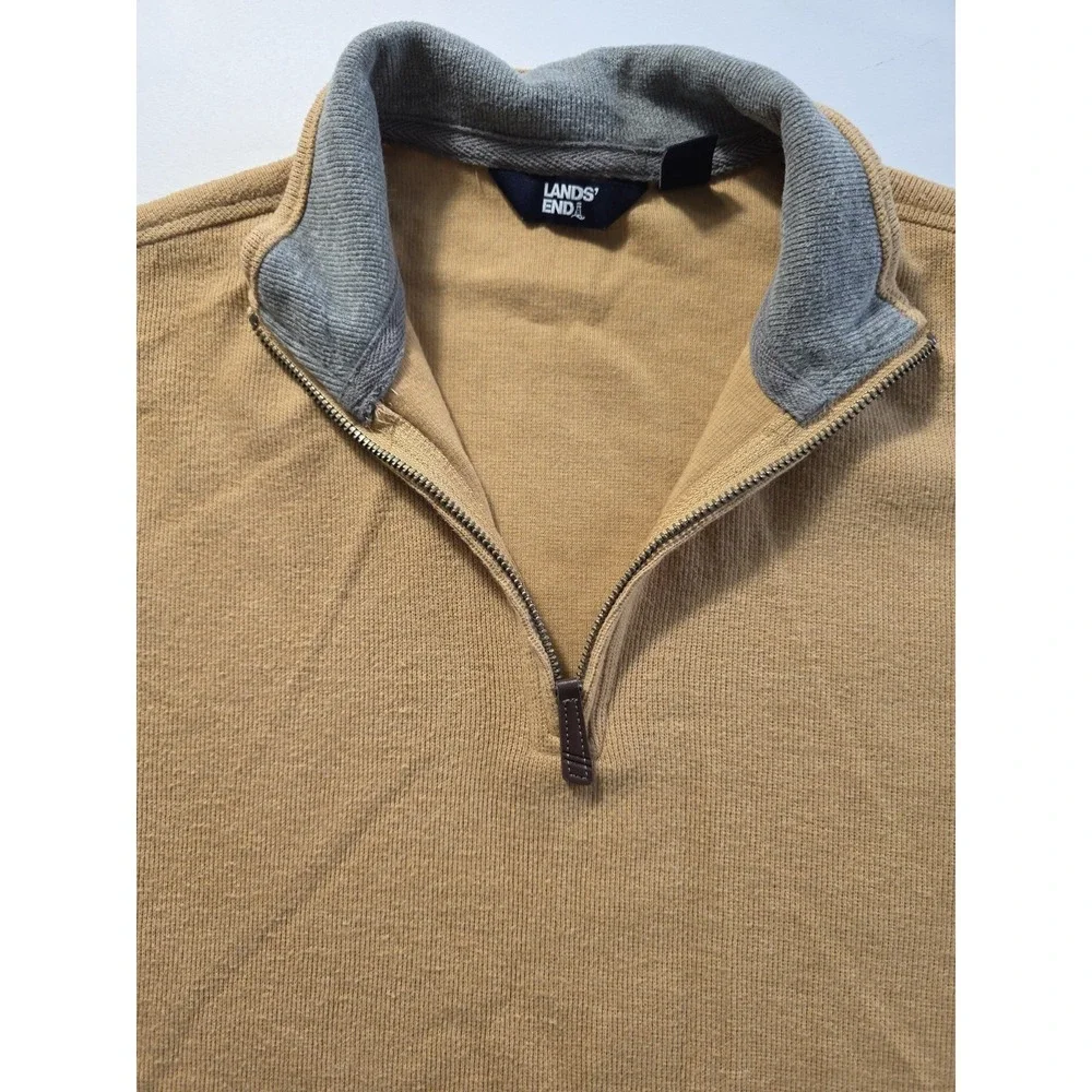 Lands End Mens Small Quarter Zip Pullover Sweater Tan Cotton Blend Casual